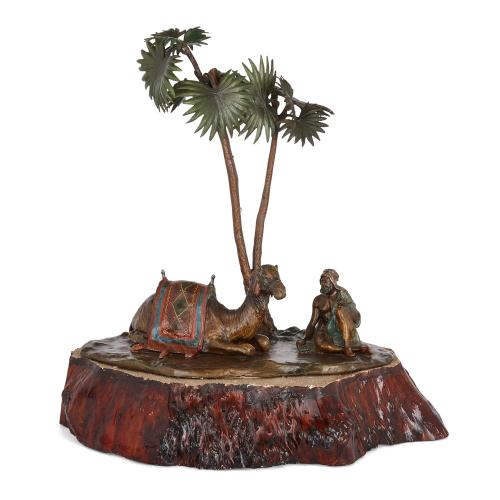 Large antique wood and cold-painted bronze figurative lamp